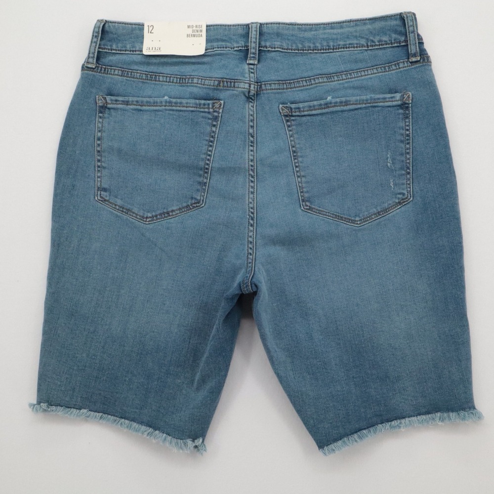 New a.n.a Mid-Rise Denim Bermuda‎ Shorts Sz 12 Blue Distressed Frayed Hem 9" Ins